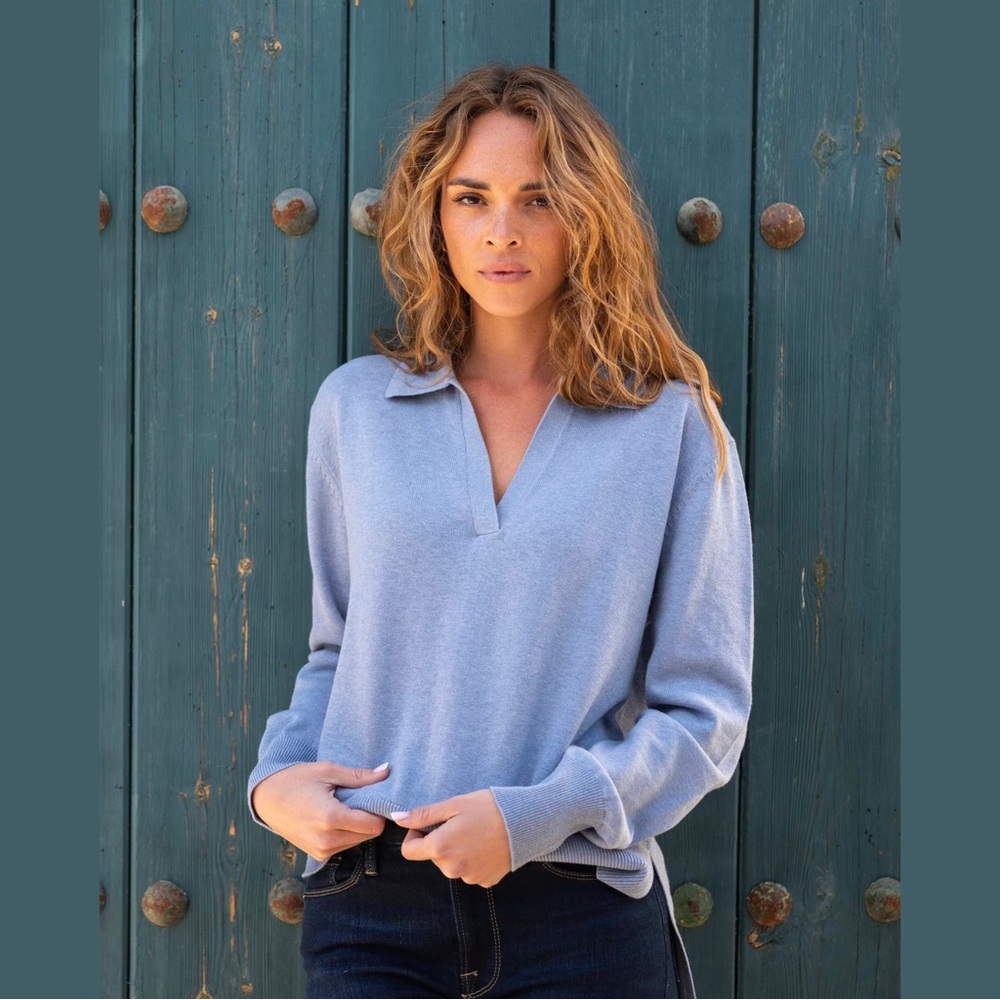 MERSEA | Coastal Blue MARINER HORIZON Relaxed Fit Cotton Wool Polo Sweater